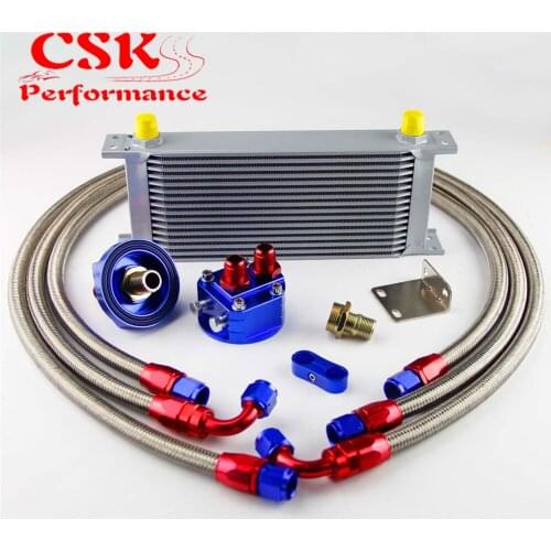 16 Row 248mm AN8 Universal Engine Transmission Oil Cooler British Type + Filter Adapter Kit Black/Blue