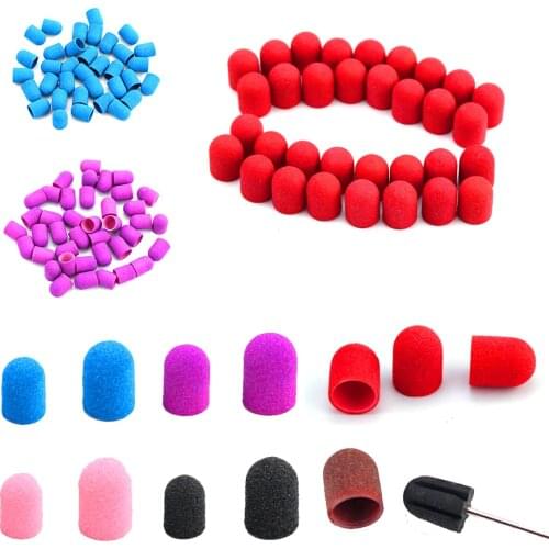 20pc 10*15/13*19 Purple Red Blue Nail Sanding Caps With Rubber Pedicure Gel Remover Cutter Drill Bits Cuticle Tools Accessories