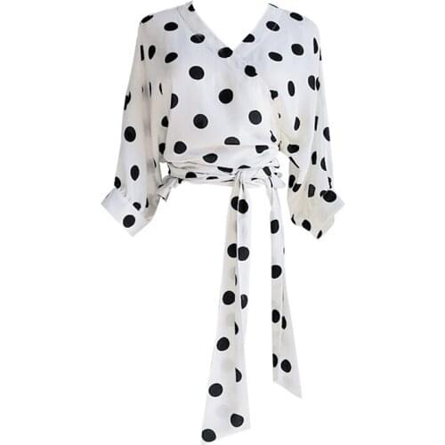 2019 New Women Shirts V-neck Bowtie Chiffon Blouse Sweet Polka Dot White Blouse High Quality Summer Tops Blusas Mujer Chemise