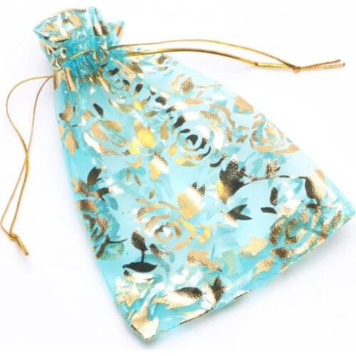 25pcs Colorful Gold Rose Transparent Packs Drawstring Pouch Sachet Organza Gift Bag For Jewelry Wedding Party Beads Packing