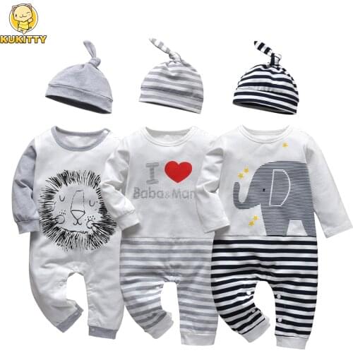 Baby Boys Romper Cotton Long Sleeve Cartoon Print Jumpsuit with Hat Autumn Newborn Clothes Infant Clothing Outfits