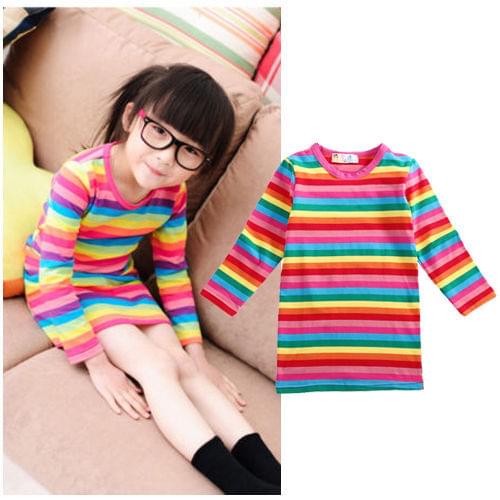 FOCUSNORM New Fashion Cute Kid Baby Girls Dress Print Print Rainbow Striped Dress Casual Long Sleeve Dress Clothes 2-7Y
