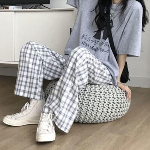 Plaid Pants All-Match Korean Wide-Leg Student Nine-Point Pants Trendy Loose Casual Thin Straight Pants Women