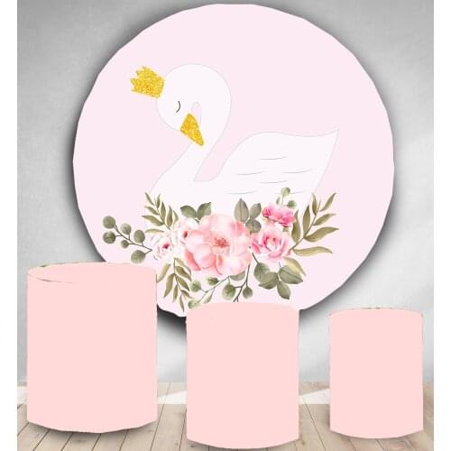 Circle panel photography backdrop pink white swan princess birthday party banner round background dessert cake table poster