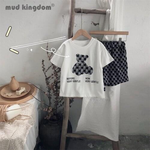 Mudkingdom Summer T-shirts Shorts Kids Sets Cute Bear Letter Short Sleeve Tops Print Shorts Casual Sets for Boys Girls Outfits