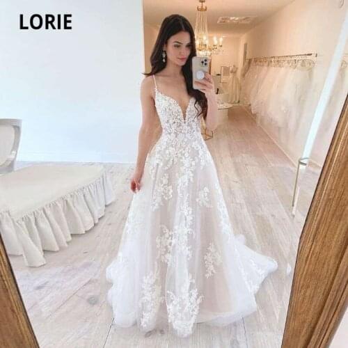 LORIE Elegant Wedding Dress Appliques Lace Spaghetti Strap A-Line Wedding Gowns Boho Bride Dress Vestido De Noiva
