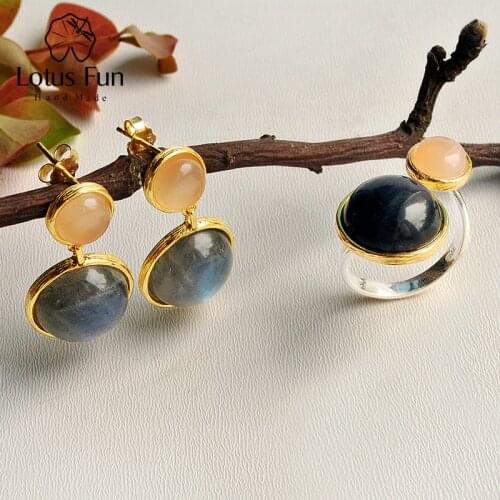 Lotus Fun Real 925 Sterling Silver Natural Labradorite Handmade Fine Jewelry Mysterious Lake Jewelry Set for Women Brincos
