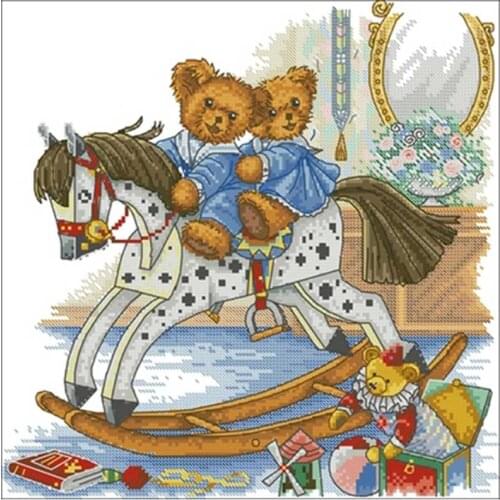 Little bear riding a wooden horse Counted Cross Stitch 11CT 14CT 18CT DIY Chinese Cross Stitch Kits Embroidery Needlework Sets