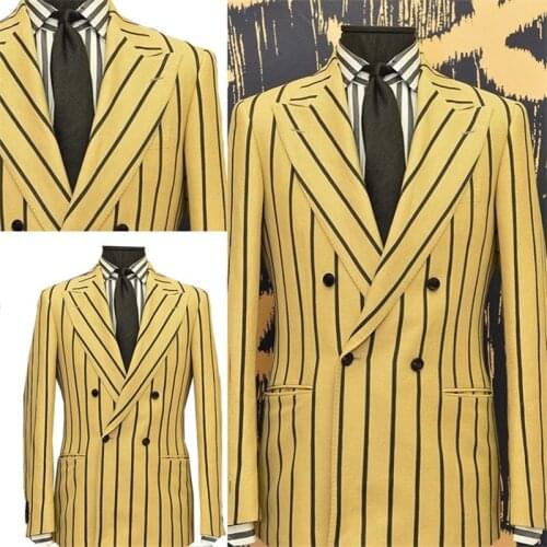 2020 Newest Yellow Stripe Casual Men Coat Double Breasted Men Suits Tuxedos Custom Made Fit Slim Peaked Lapel Blazer Suits