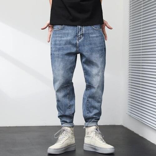 2021 spring and summer new blue stretch jeans youth mens fashion casual loose straight harem pants high street cropped pants