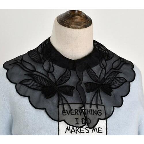 Office Lady Chiffon Lapel Half Shirt Blouse Elegant Tulip Floral Embroidery Detachable False Fake Collar Button Dickey