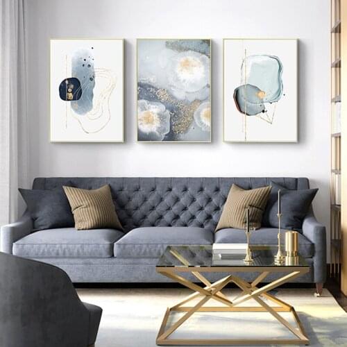 Gold Foil and Blue Paint Abstract Geometry Canvas Painting Poster Print Unique Decor Wall Art Pictures For Living Room Bedroom