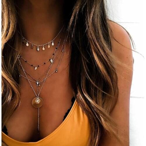 Simple Alloy Pendants Necklaces for Women Multi-layer Chains Layered Necklace Long Female 2020 Fashion Jewelry Gold Color New