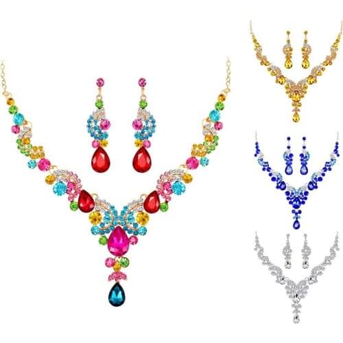 2Pcs/Set Luxury Full Rhinestone Semicircle Charm Bridal Stud Earrings Necklace Jewelry Decor Accessory Valentines Day present