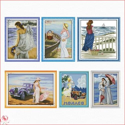 Seaside Girl Series Cross Stitch Kit DIY Pattern 14CT 11CT Beauty Embroidery Set Needlework Home Decoration Craft Painting Gift
