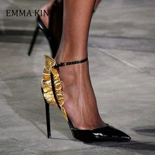 Spring Women Slingback Pumps Patent Leather High Stiletto Heel Pumps Golden Snakeskin Ruffles Decor Ankle Buckle Sandal Pumps
