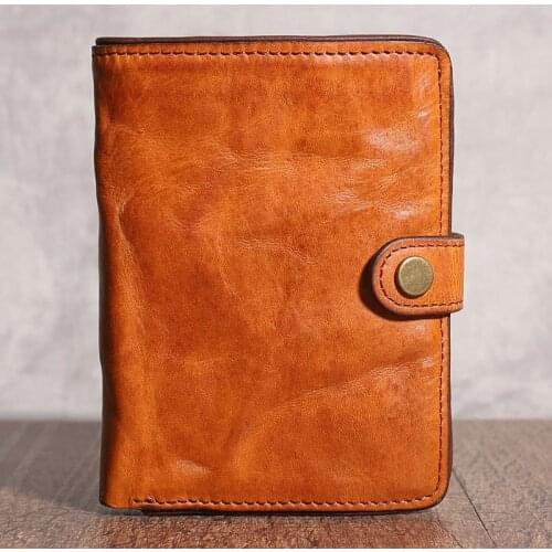 Vintage top layer cowhide short wallet, wrinkled leather buckle wallet, distressed and polished trendy wallet