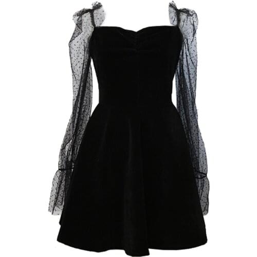 PERHAPS U Transparent Mesh Velvet Mini Sexy Party Dress Women Spring Flare Sleeve Short Dress Black O Neck Empire Dress D0973