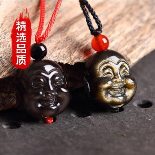 High Quality Natural Ice Kind Obsidian Golden Obsidian Stone Pendant Buddha Head Pendant Necklace Men Jewelry free Rope