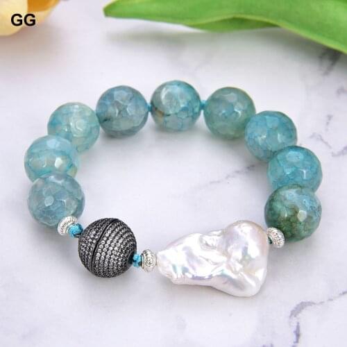 GuaiGuai Jewelry 8" 16mm Blue Agate Gems Stone White Keshi Pearl Bracelet