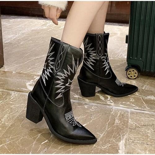 Womens Short Boots Embroidery Retro Mid Calf Boots Slip on PU Ladies Shoes Pointed Toe Thick Bottom Female Autumn Footwear 2022