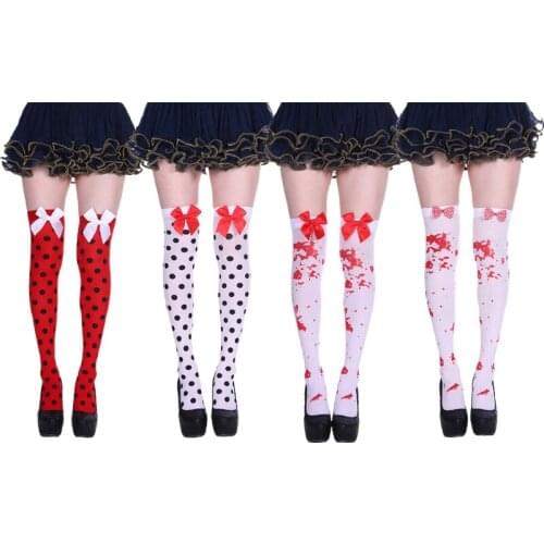 Women Halloween Bow Thigh High Stockings Blood Stained Cosplay Over Knee Socks