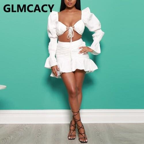 Women Two Piece Sweet Dress Suits Puff Sleeve Tie Front Crop Top & Mini Skirt Set