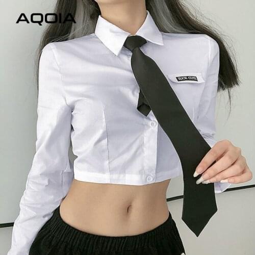 Sexy Cotton Short Women White Shirt Sexy Tie Button Up Letter Embroidery Long Sleeve Ladies Crop Top 2021 Summer Female Clothing