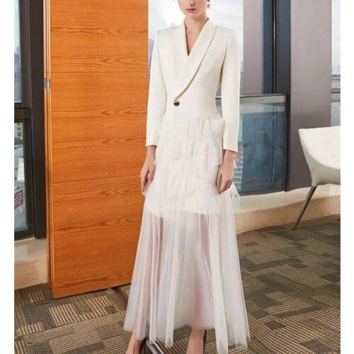 19 spring goddess temperament suit mesh splicing long coat cake dress party dress