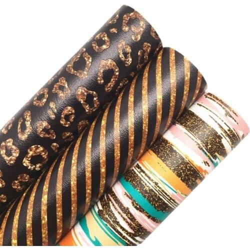 Gold Leopard Stripes Printed Synthetic Faux leather Vinyl Fabric Sheets Felt Backing Leather for Bows Earrings 21X29CM R127