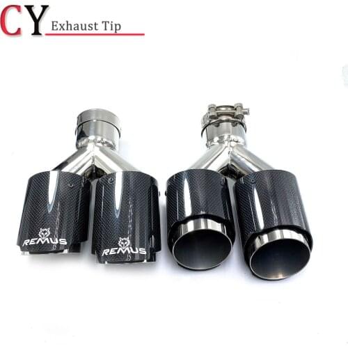 1Pair Dual Outlet Glossy Carbon Fiber Exhaust Tip 304 Stainless Steel Exhaust Pipe Straight Flange Muffler Tip With Remus logo