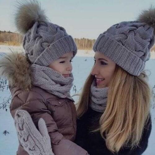 1-2Pcs Mother Kid Child Hats Warm Winter Knit Beanie Caps Mom Baby Crochet Hats