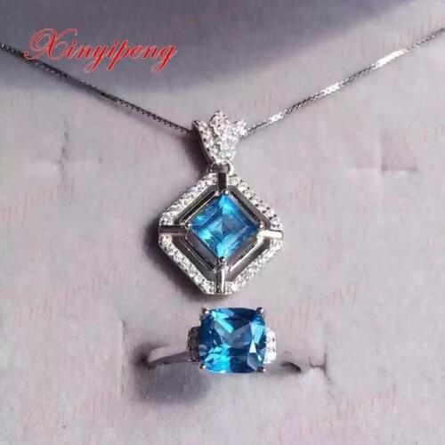 925 sterling silver with 100% natural Topaz stone set women Blue crystal Colored gems