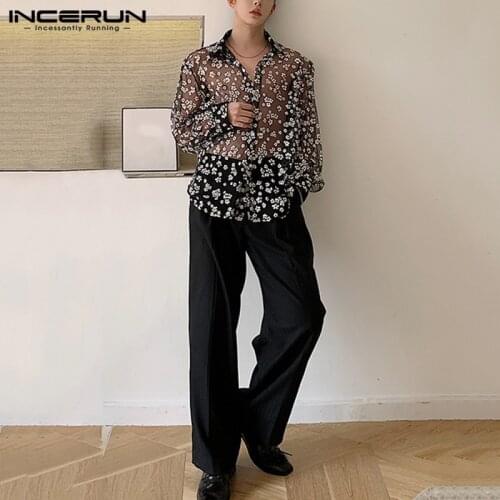 INCERUN Fashion Men Mesh Shirt Long Sleeve Black Printing Blusas Casual Loose Blouse Streetwear Lapel Party Clubwear Tops 5XL 7