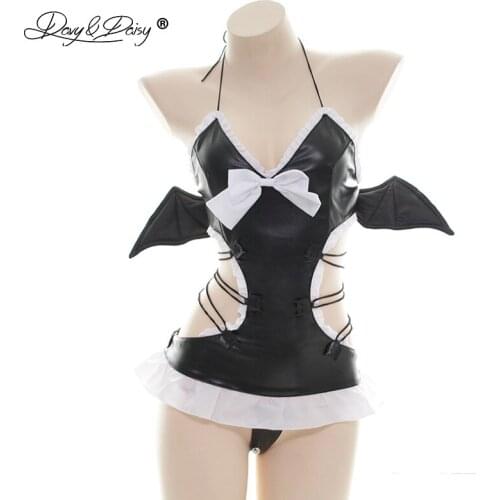 DAVYDAISY Women Hot Halloween 2 Pieces Underwear Cute Bat Maid Dress and Panties Festival Costume Sexy Lingerie For Couple SE090