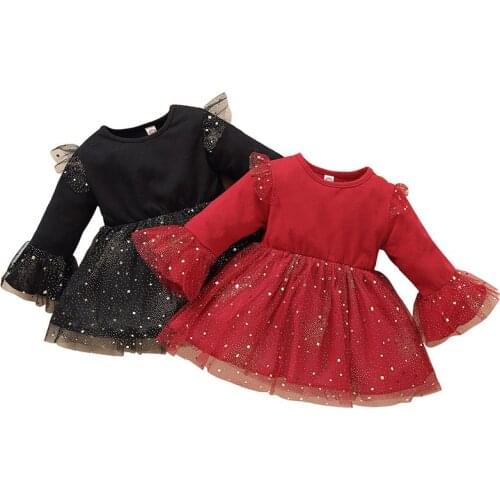 Baby Kids Ruffles Sequins Casual Dress Little Girls Flared Sleeves Mesh Princess Dress Shiny Red Birthday Clothes for Baby Girls