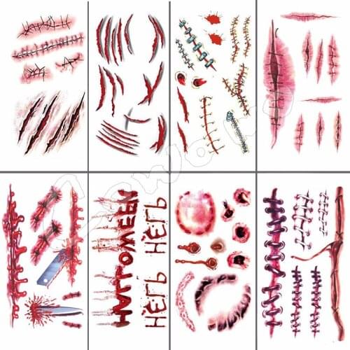 Halloween Bloody Bleeding Scary Scars Waterproof Temporary Tattoo Stickers for Practical Jokes #r114