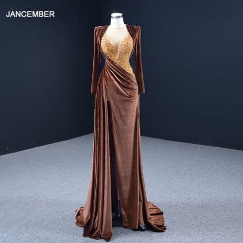 J67243 JANCEMBER Brown Brown Slim Evening Dress 2021 Transparent Lace Long Sleeve V-neck Metallic Sequined Frill Sexy Dress