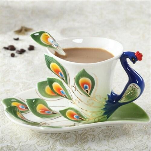 Peacock Coffee Cup Ceramic Creative Mug Bone China 3D Color Enamel Porcelain Saucer Spoon Coffee Tea Sets for friend Gift