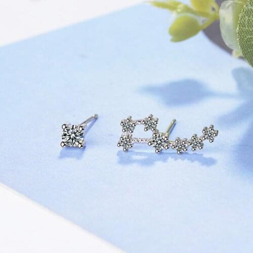 KOFSAC Fashion 925 Sterling Silver Stud Earrings For Women Small Fresh Big Dipper Super-Flash Zircon Asymmetric Earring Jewelry