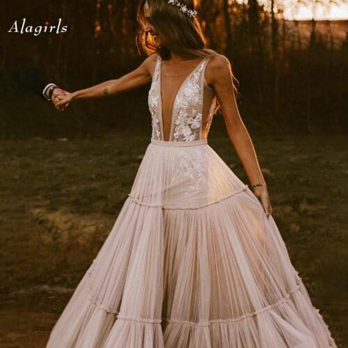 Sexy illusion Vneck Boho Wedding Dresses 2020 Tulle Lace Cut-out Wedding Gowns Aline Tulle Layers Dresses Princess Wedding Dress