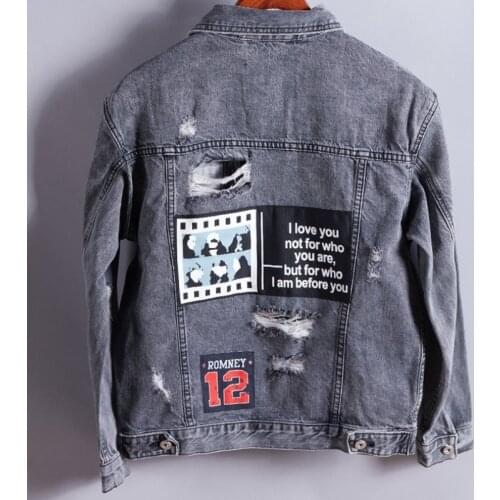 Spring Autumn Mens Jacket High Street Hole Ripped Long Sleeve Denim Coat Casual Street Loose Single Breasted College Jackets