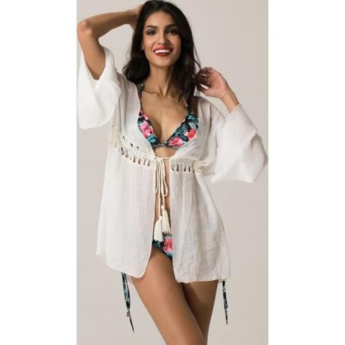 Summer Sexy Women Cover Ups Lace Crochet Bikini White Top Lace Up Hollow Out V-Neck Blouse Sheer Beach Cover-Up Swim Wear