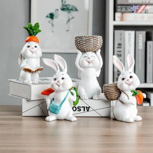 Nordic Resin Cute White Rabbit Statues Home Decoration Living Room Animal Sculpture Modern Art Figurines Kids Birthday Gift