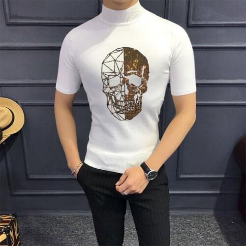 T-Shirt Sweater Mens New 2021 Rhinestone Design Wool Short-Sleeved Slim Winter Warm Skull Knitwear Casual Suit Youth Tops