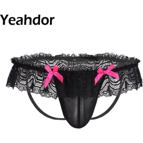 Mens Sissy Lingerie Briefs Panties See Through Mesh Lace Bowknot Open Butt Jockstrap Bikini Underpants Gay Erotic Underwear