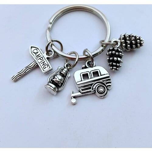 New Camping Keychain Trailer, RV Caravan Campground Key Chain, Nature Outdoors, Summer Vacation, Snowbirds Keyring Souvenir