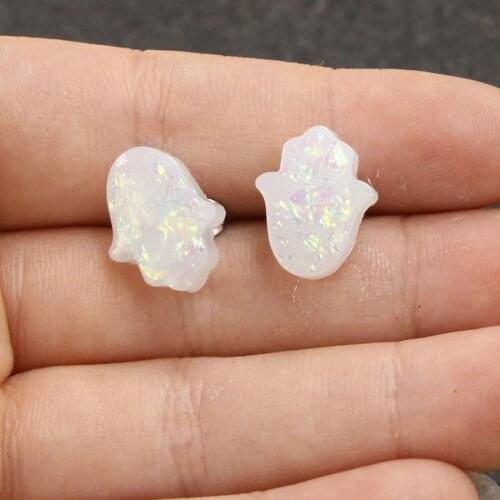 New Arrival Fashion Blue Pink White Crystal Resin Opal Hamsa Hand Stud Earrings Fatima Palm Brincos For Women Girl Jewelry Gift
