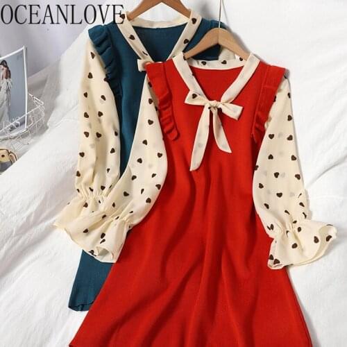 OCEANLOVE Sweet Vestidos De Mujer Knitted Flare Sleeve Dot Patchwork Kawaii Woman Dresses Bow Ruffles 2021 Femme Robes 19422