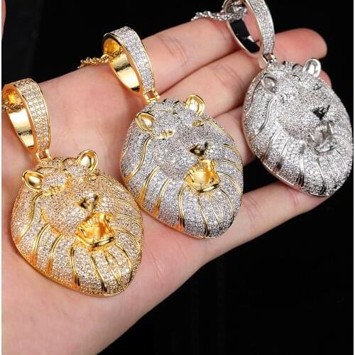 BWAVKE Bling Iced Out Necklace Micro Pave Cubic Zircon Lion Head Pendant for Men Women Gifts Luxury Hip Hop Jewelry